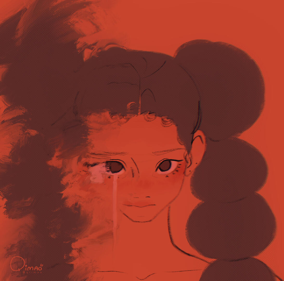 Untitled Vent art head shot of black girl. One side of her face appears normal, the other side is shedding tears and disintegrating.