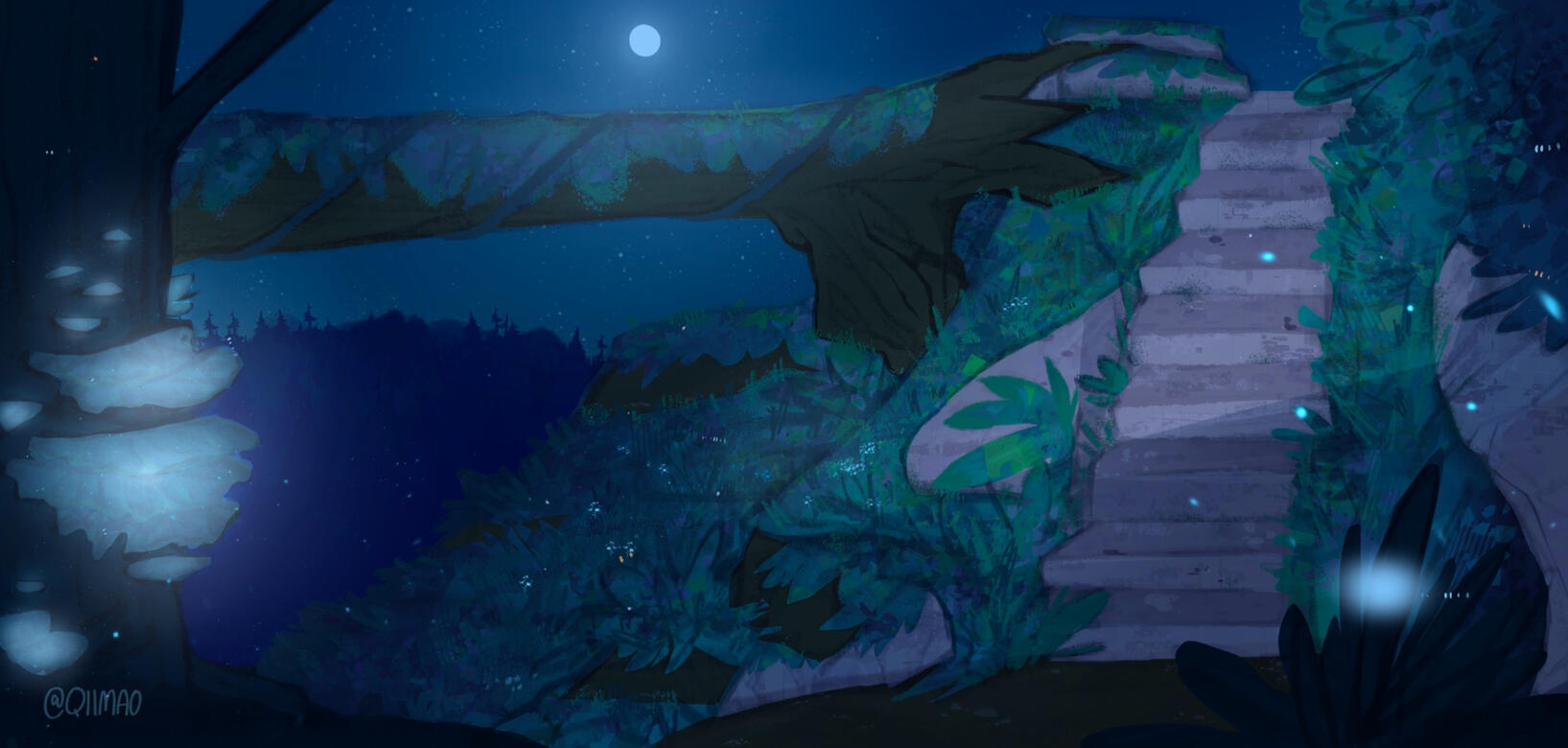 Untitled obaven visual development stone stairs in the forest night time lighting concept art qiimao