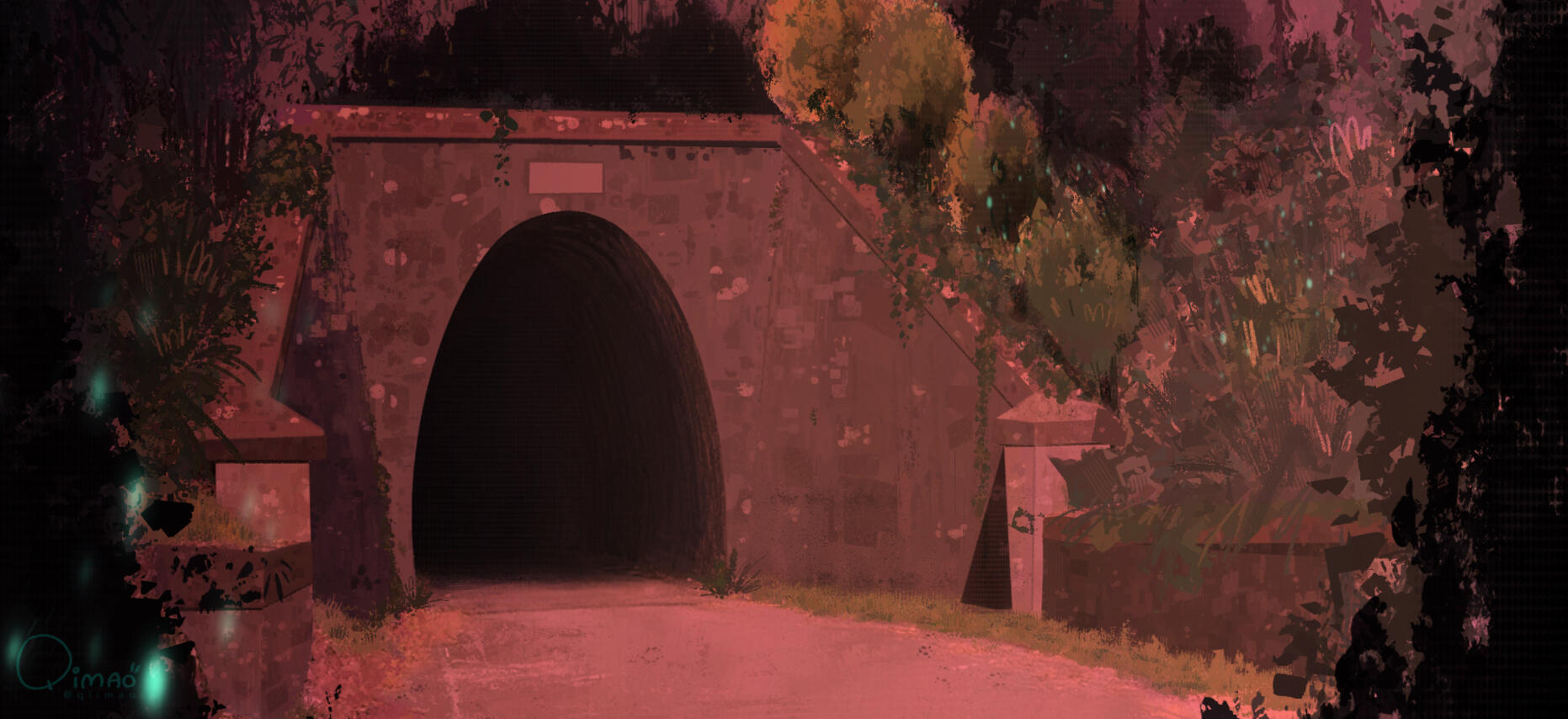 environment vis dev for project "Obaven" featuring a magical abandoned train tunnel in the middle of the forest during evening time.