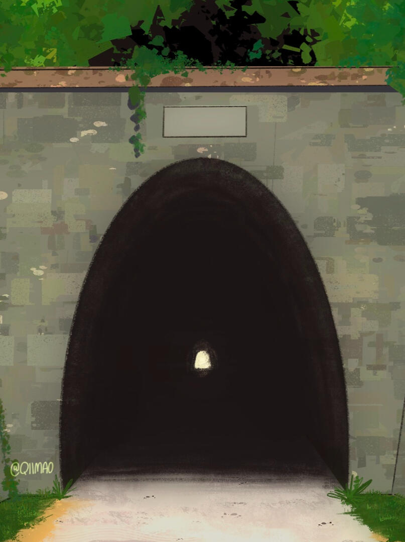 the hexpresso letter club tunnel Illustration of an abandoned train tunnel in 1 point perspective, surrounded by forest greenery. The oher end of the tunnel can be seen very small in the center of the arch. Spirited Away inspired.
