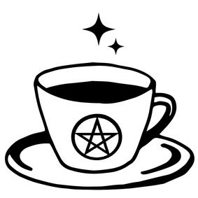 hexpresso letter club logo The Hexpresso Letter Club coffee cup logo. The cup has a pentacle and two four pointed star sparkles above and sits on a saucer