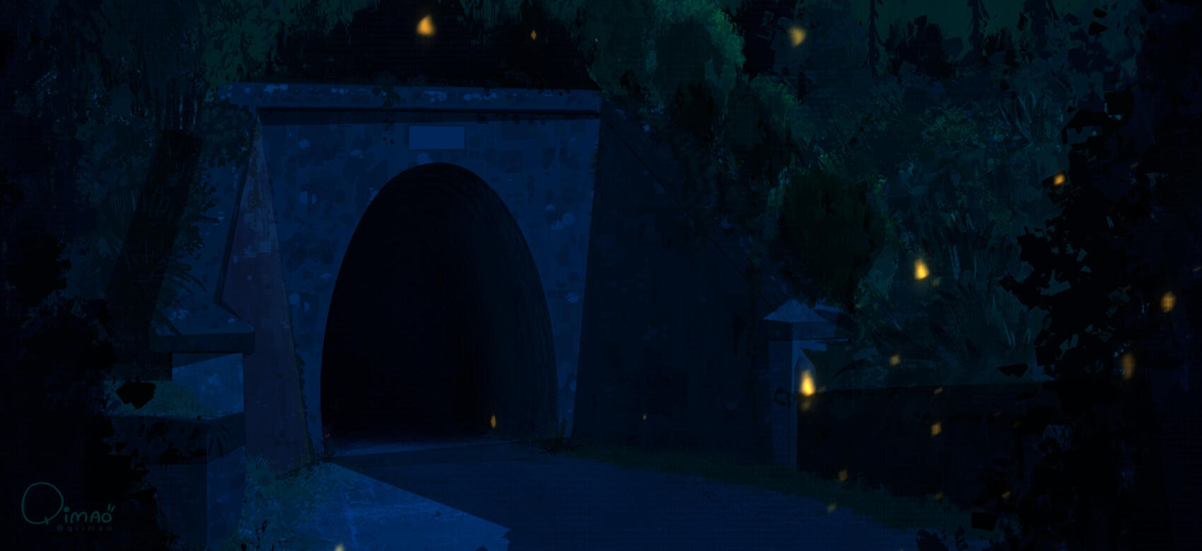 obaven visual development abandoned tunnel in the forest night time lighting concept art qiimao