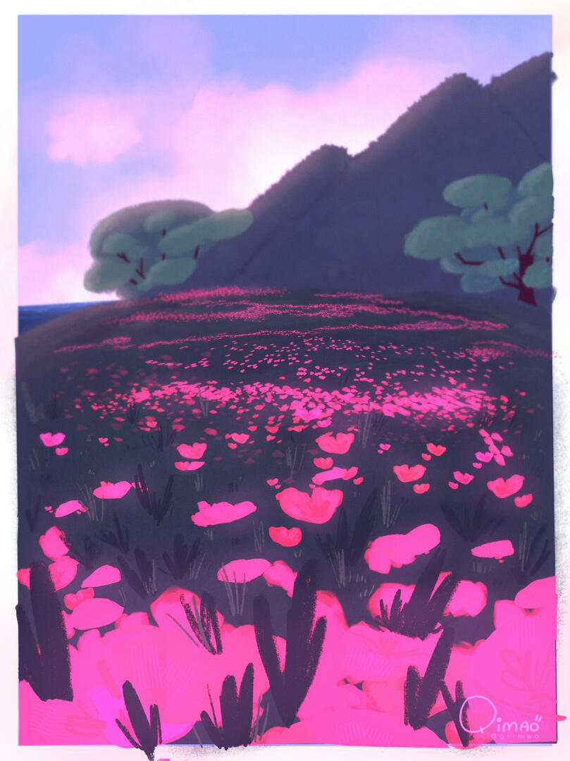 illustration of a magical field of glowing flowers. Magic hour.