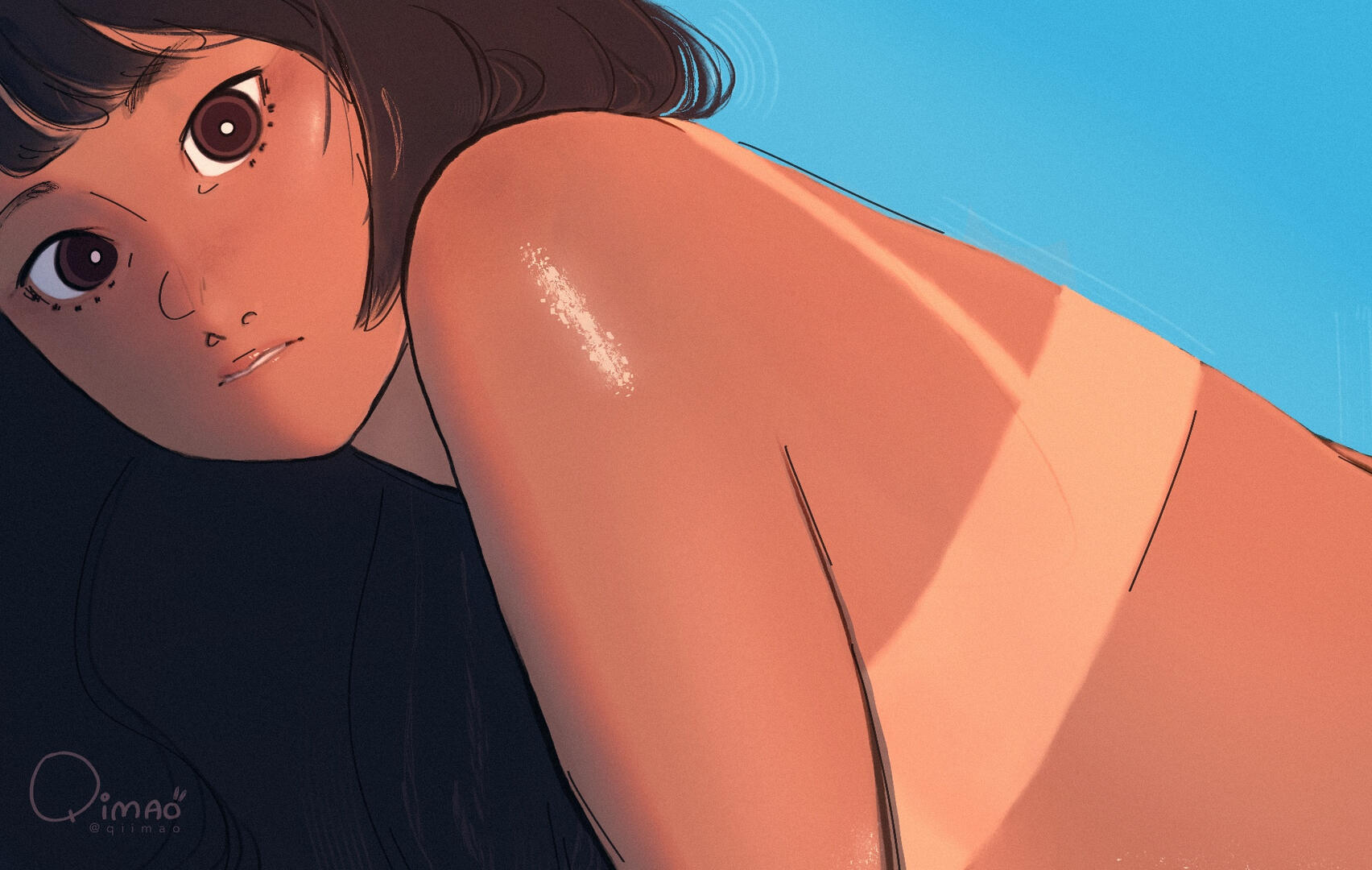 drawing of female fictional character with intense tan lines at the beach
