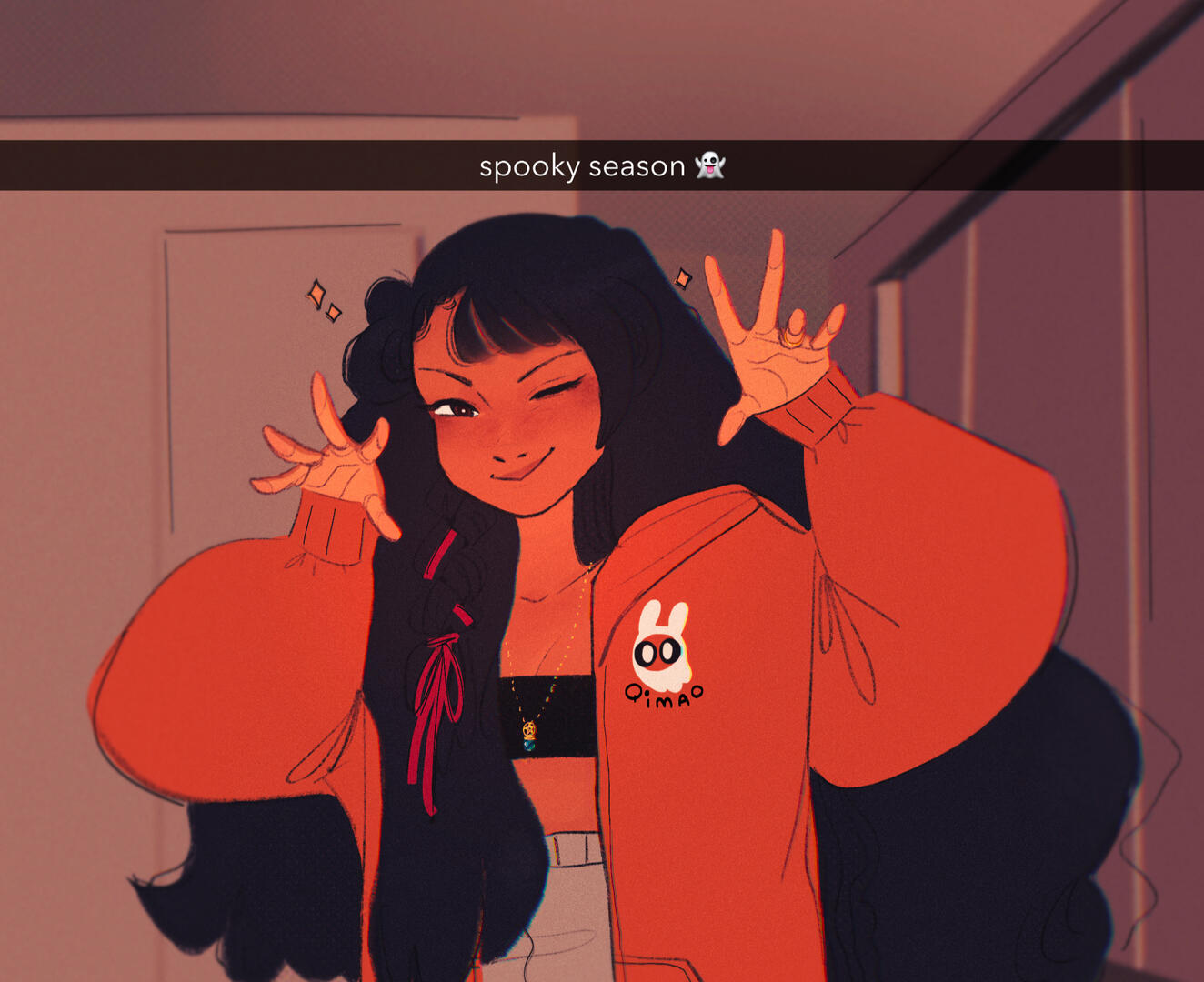 drawing of female original character doing a spooky "boo" pose. Wearing a halloween themed hoodie with a ghost bunny.