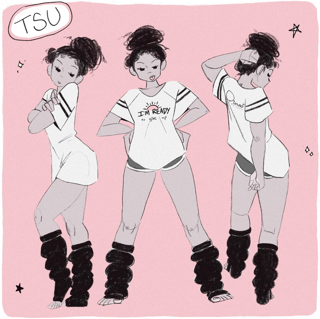 black and millennial pink sketch drawing of one girl in three poses. Original character.