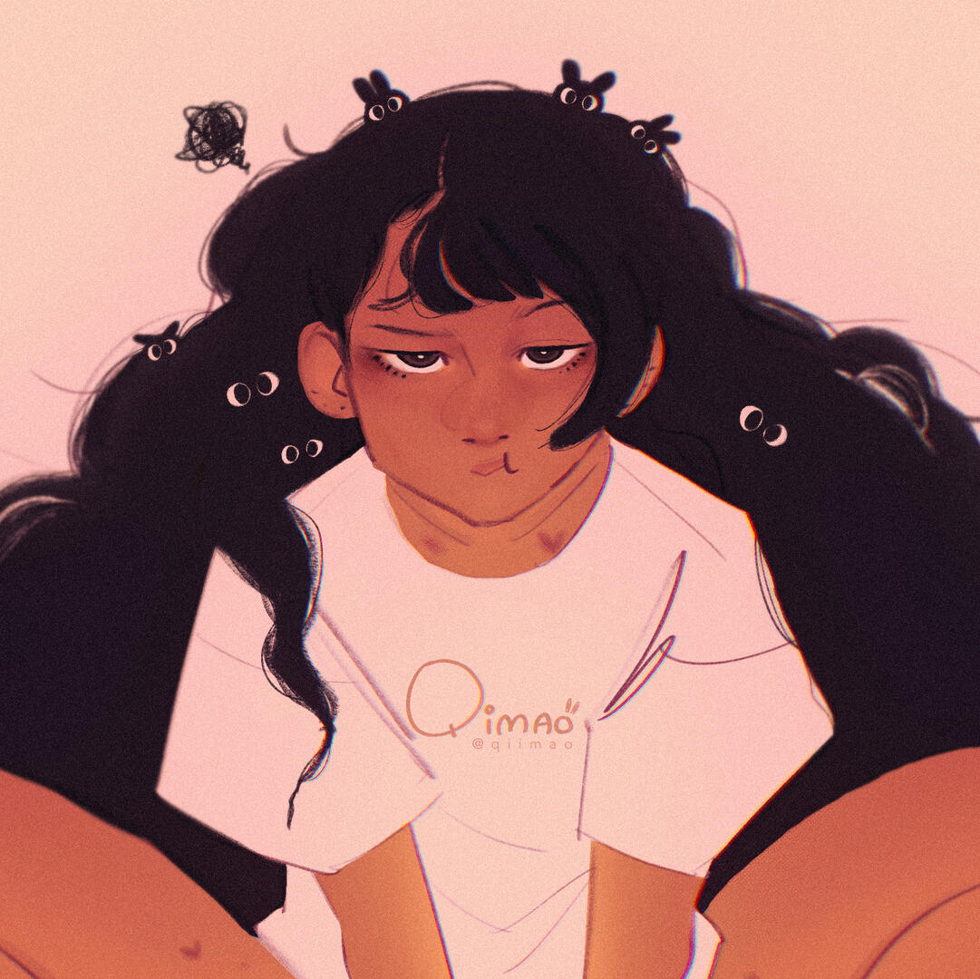 drawing of female original character with fluffy hair. She seems to have just woken up and is annoyed at the dust bunnies hiding in her hair.