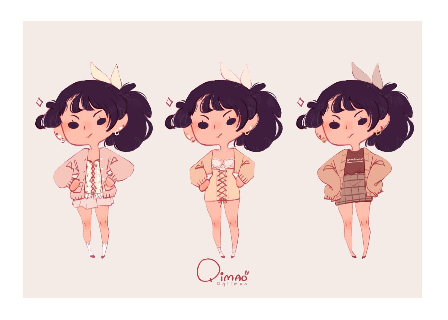 Chibi drawing of female original character in three light academia and coquette inspired outfits