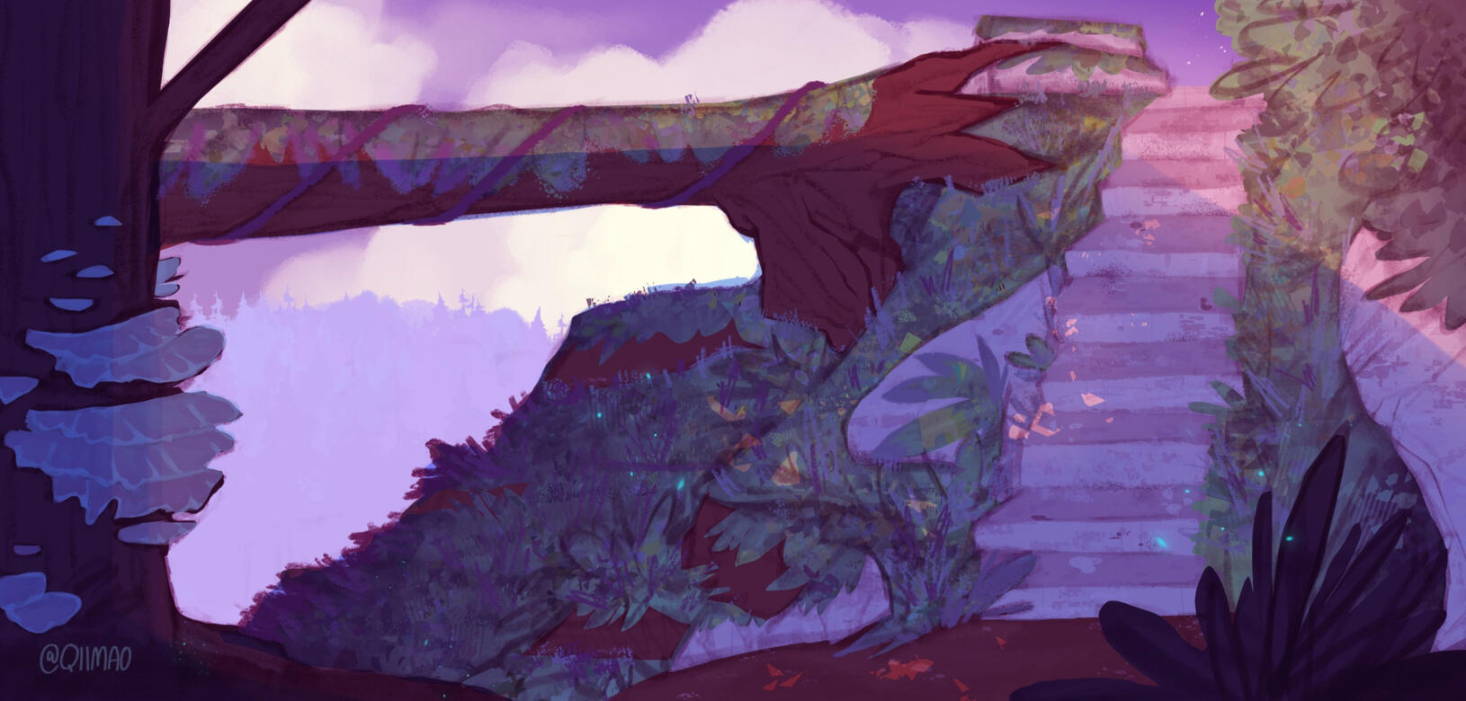 obaven visual development stone stairs in the forest evening time lighting concept art qiimao