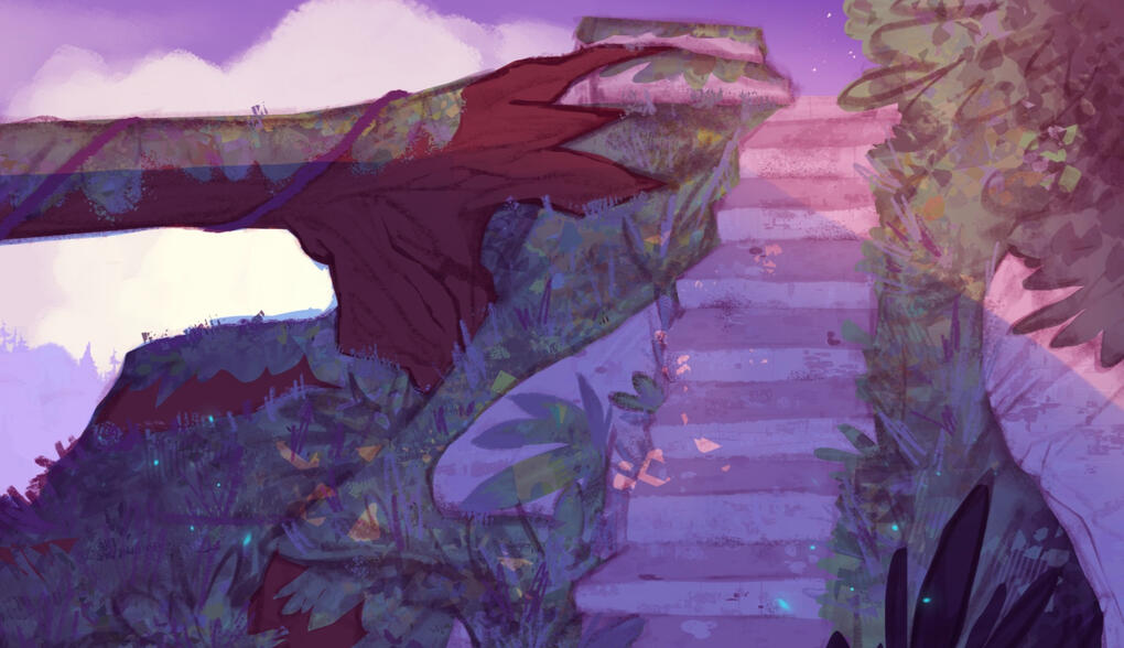 environment visual development of stone stairs in the middle of the forest for project "Obaven". Evening time lighting.